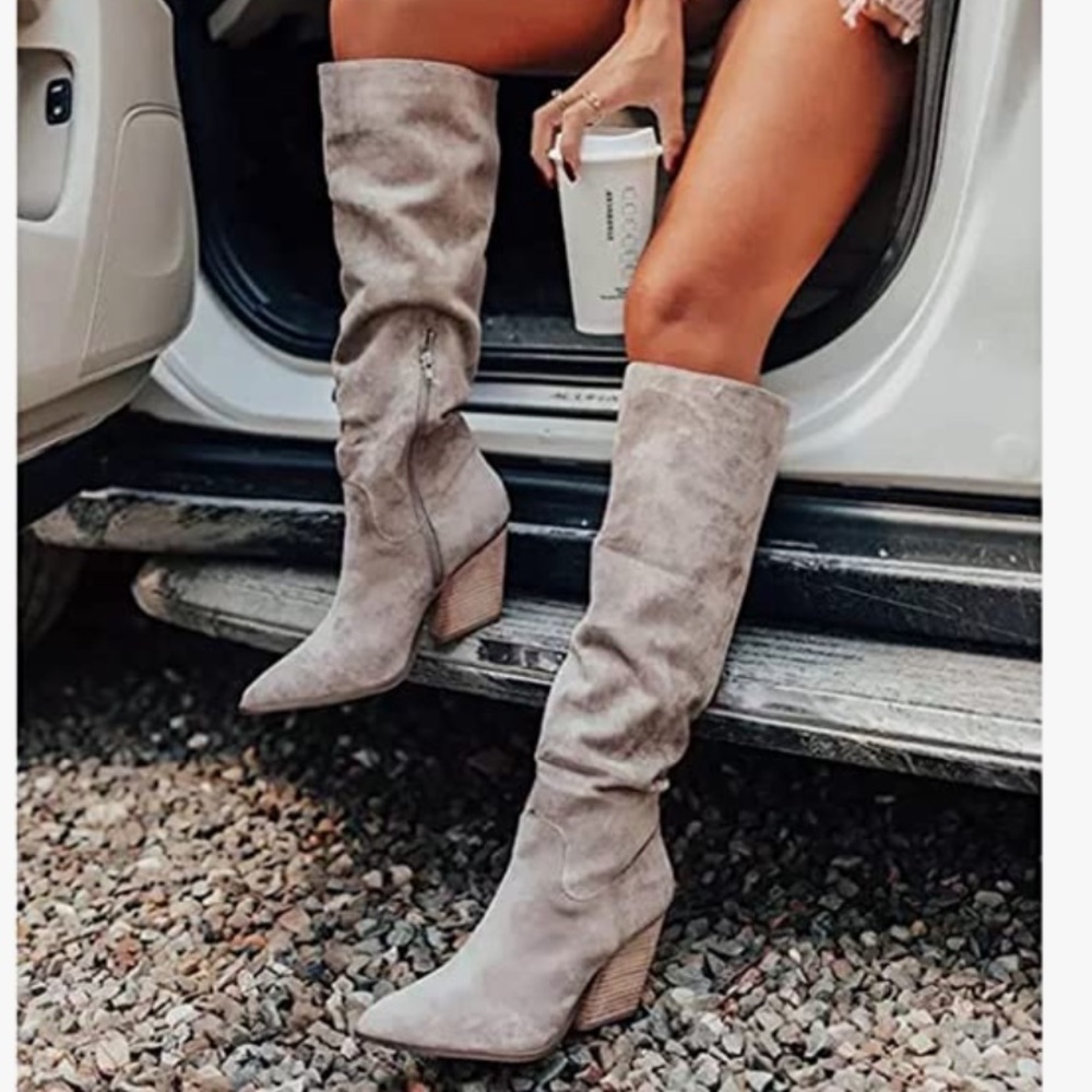EROCALLI Women's Chunky Block Heel Faux Suede Knee High Boot
